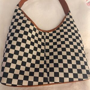 Checkerboard Canvas Hobo Shoulder Bag in Black and Cream